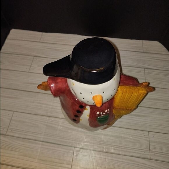 Sakura Debbie Mumm Christmas Holiday Cookie Jar Canister Snowman with Broom 10in - Picture 3 of 10